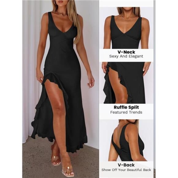 Women Sexy V Neck Sleeveless Mesh Ruffle Hem Bodycon Maxi Casual Backless High - Picture 3 of 6